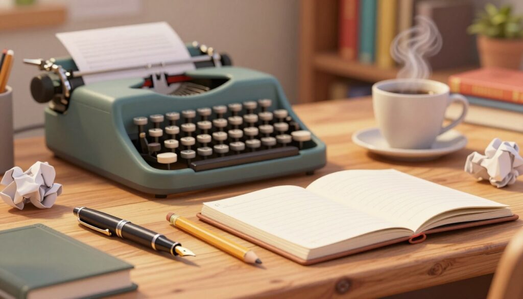 A well-organized assortment of writing tools lies on a rustic wooden desk, evoking a sense of creativity and productivity. In the foreground, a classic fountain pen glints softly under warm, natural light, next to a neatly sharpened pencil and an open notebook with blank pages. The middle layer features a vintage typewriter, subtly out of focus but prominent, hinting at the timeless nature of writing. A coffee cup sits nearby, exuding an inviting aroma, while a few crumpled papers add a touch of realism to the scene. The background fades into a blurred bookshelf filled with colorful books, further enhancing the atmosphere of inspiration. Soft lighting creates a cozy mood, ideal for focusing on the art of writing, inviting the viewer to imagine the process of crafting words. A well-organized assortment of writing tools lies on a rustic wooden desk, evoking a sense of creativity and productivity. In the foreground, a classic fountain pen glints softly under warm, natural light, next to a neatly sharpened pencil and an open notebook with blank pages. The middle layer features a vintage typewriter, subtly out of focus but prominent, hinting at the timeless nature of writing. A coffee cup sits nearby, exuding an inviting aroma, while a few crumpled papers add a touch of realism to the scene. The background fades into a blurred bookshelf filled with colorful books, further enhancing the atmosphere of inspiration. Soft lighting creates a cozy mood, ideal for focusing on the art of writing, inviting the viewer to imagine the process of crafting words.