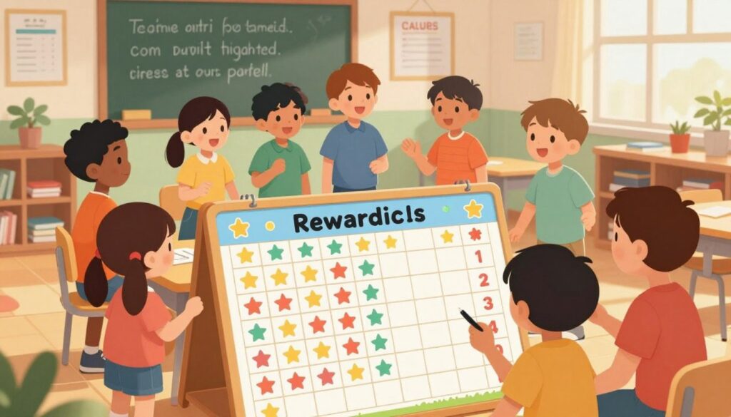 A well-organized classroom scene depicting a rewards system for children. In the foreground, a colorful reward chart displaying various achievements, like stars and stickers, each representing a positive behavior. In the middle ground, a diverse group of children, aged 6 to 10, engaging with the chart, excitedly discussing their achievements. They are dressed in modest casual clothing. The background features a chalkboard with motivational phrases and a cozy learning environment filled with posters showcasing values like teamwork and perseverance. Soft, warm lighting enhances the optimistic atmosphere, creating a sense of encouragement and motivation. The camera angle is slightly elevated, allowing a clear view of both the children and the reward system in focus, emphasizing cooperation and achievement. A well-organized classroom scene depicting a rewards system for children. In the foreground, a colorful reward chart displaying various achievements, like stars and stickers, each representing a positive behavior. In the middle ground, a diverse group of children, aged 6 to 10, engaging with the chart, excitedly discussing their achievements. They are dressed in modest casual clothing. The background features a chalkboard with motivational phrases and a cozy learning environment filled with posters showcasing values like teamwork and perseverance. Soft, warm lighting enhances the optimistic atmosphere, creating a sense of encouragement and motivation. The camera angle is slightly elevated, allowing a clear view of both the children and the reward system in focus, emphasizing cooperation and achievement.