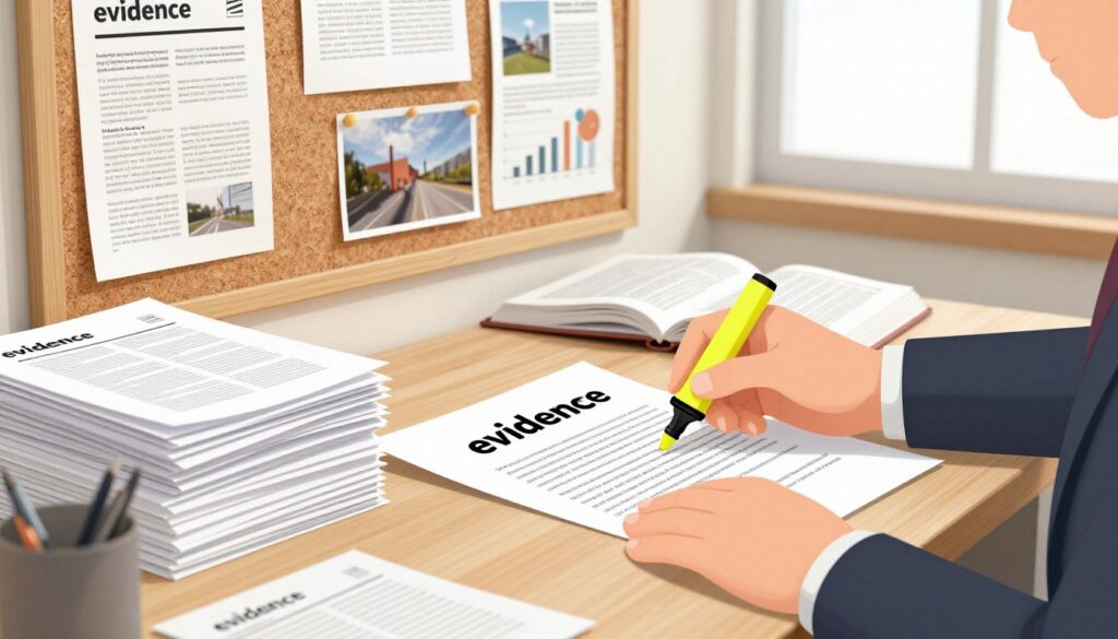 A well-organized desk in a softly lit office space, featuring neatly stacked research papers and open textbooks, symbolizing the concept of "evidence" in argumentation. In the foreground, a pair of hands, dressed in professional business attire, highlight a specific section of a document with a yellow highlighter. The middle layer shows a corkboard on the wall covered with pinned articles, graphs, and images representing various forms of evidence. In the background, a window lets in gentle, natural light, creating an inviting and focused atmosphere. The overall mood is one of diligence and clarity, emphasizing the critical role of evidence in strengthening arguments.