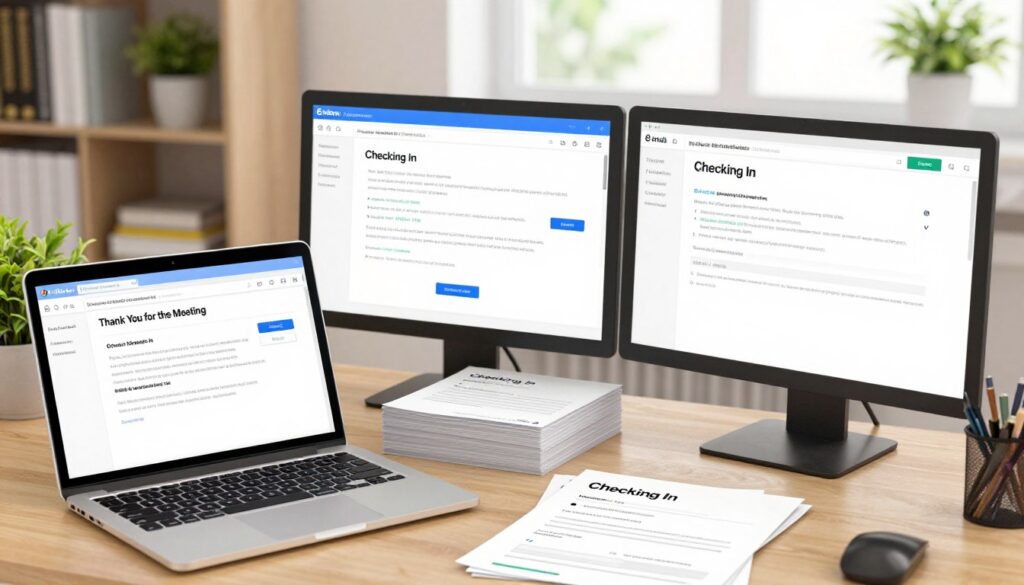 A well-organized office desk scene focused on computer screens displaying professional follow-up email templates. In the foreground, a laptop with a clear, open email interface showcasing various templates with headers like "Thank You for the Meeting" and "Checking In." In the middle, a neatly arranged stack of printed email templates, some partially visible, emphasizing structure and clarity. The background features a soft-focus bookshelf filled with educational materials and a potted plant, adding warmth to the environment. Soft, natural light streams in from a window, creating a bright and inviting atmosphere. The overall mood conveys professionalism and efficiency, suited for an academic context.