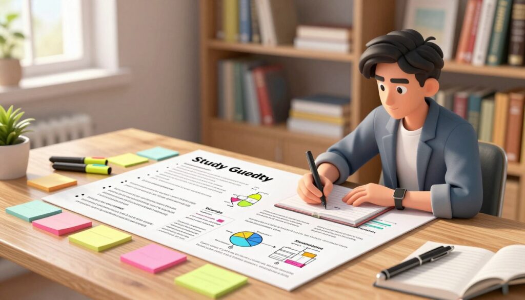 A well-organized, one-page study guide laid out on a wooden desk, surrounded by colorful sticky notes and various highlighters. In the foreground, a confident young professional, dressed in smart casual attire, focuses intently while jotting down notes, with a slightly relaxed posture. In the middle ground, the study guide prominently displays bullet points, charts, and diagrams, illustrating key concepts effectively. The background features a soft-focus bookshelf filled with academic books and resources, creating an inviting study environment. Natural light streams in through a nearby window, casting a warm glow across the scene, reflecting a productive and inspiring atmosphere for studying. The overall mood is one of focus, organization, and motivation. A well-organized, one-page study guide laid out on a wooden desk, surrounded by colorful sticky notes and various highlighters. In the foreground, a confident young professional, dressed in smart casual attire, focuses intently while jotting down notes, with a slightly relaxed posture. In the middle ground, the study guide prominently displays bullet points, charts, and diagrams, illustrating key concepts effectively. The background features a soft-focus bookshelf filled with academic books and resources, creating an inviting study environment. Natural light streams in through a nearby window, casting a warm glow across the scene, reflecting a productive and inspiring atmosphere for studying. The overall mood is one of focus, organization, and motivation.