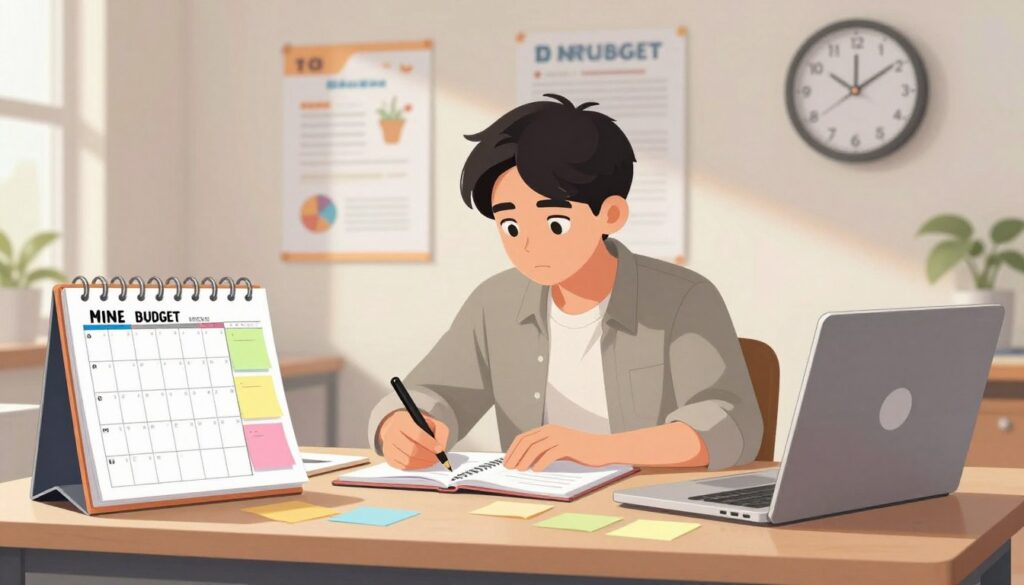 A well-organized study desk in the foreground, featuring a neatly arranged planner, colorful sticky notes, and a laptop displaying a calendar. In the middle, a young person in professional casual attire thoughtfully reviewing materials, with a focused, determined expression. Behind them, a wall with educational posters and a clock ticking, symbolizing the passage of time and the importance of managing it effectively. Soft, natural lighting from a window enhances the atmosphere, casting gentle shadows that evoke a sense of calm and purpose. The overall mood is one of motivation and balance, illustrating the concept of setting a realistic time budget for academic success.