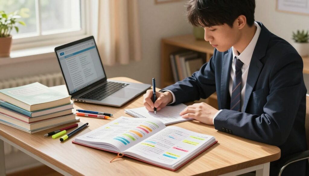 A well-organized study desk in the foreground, featuring an open planner filled with color-coded notes for SAT/ACT preparation. Beside the planner, neatly stacked textbooks and school supplies like pens and highlighters. In the middle ground, a high school student in professional casual attire, focused on writing in the planner, with a laptop open to an online study resource. In the background, a cozy room with warm, natural lighting, where sunlight streams through a window adorned with soft curtains. The atmosphere is calm and productive, inviting concentration and planning, reflecting a harmonious balance between schoolwork and test preparation.