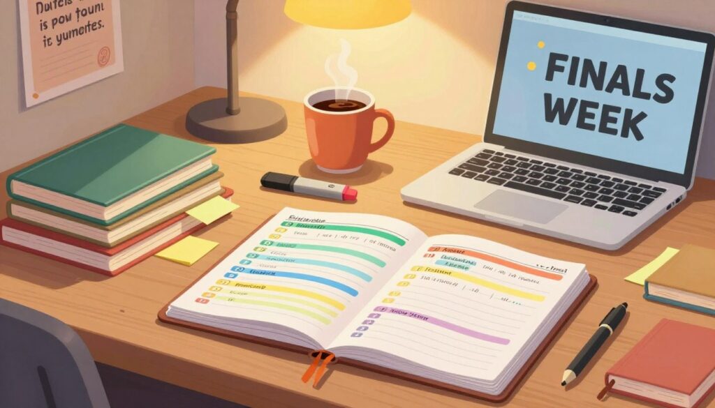 A well-organized study plan for finals week displayed on a wooden desk, with neatly arranged study materials like textbooks, notebooks, and a laptop. The foreground features a colorful planner opened to a detailed study schedule, with time slots highlighted for various subjects. In the middle, a steaming mug of coffee sits beside highlighters and sticky notes, enhancing the study atmosphere. The background shows a softly lit lamp casting a warm glow, creating a focused and inviting ambience. Soft shadows play across the desk, while a motivational poster on the wall adds inspiration. The scene evokes a calm, productive mood, ideal for effective studying during finals week.