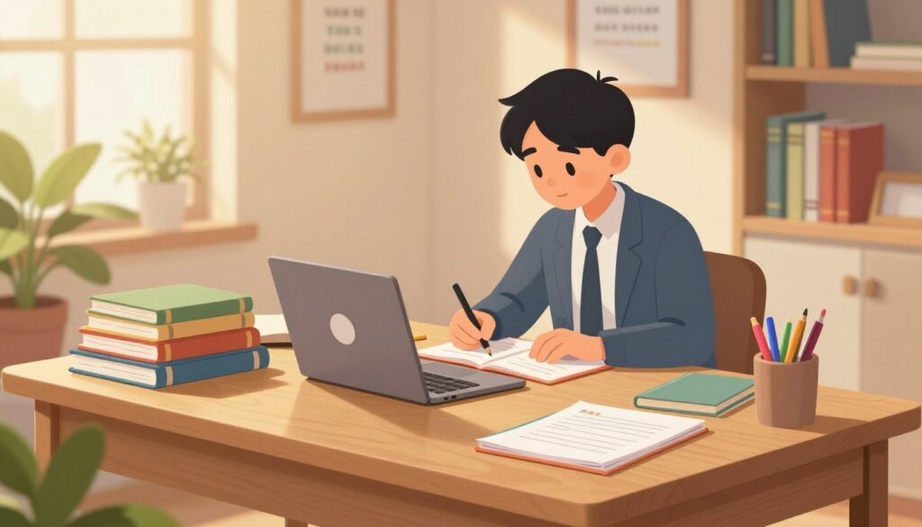 A well-organized study session setup, featuring a clean wooden desk with neatly stacked textbooks, a laptop open displaying study notes, and colorful stationery arranged in an orderly fashion. In the foreground, a potted plant adds a touch of greenery. In the middle, a focused student in professional casual attire studies actively, taking notes, with a warm golden light illuminating the scene, suggesting a cozy, productive atmosphere. The background shows a serene room adorned with shelves filled with books and motivational quotes framed on the walls. The overall mood is calm and inspiring, perfect for enhancing focus and productivity in a 30-minute study framework.