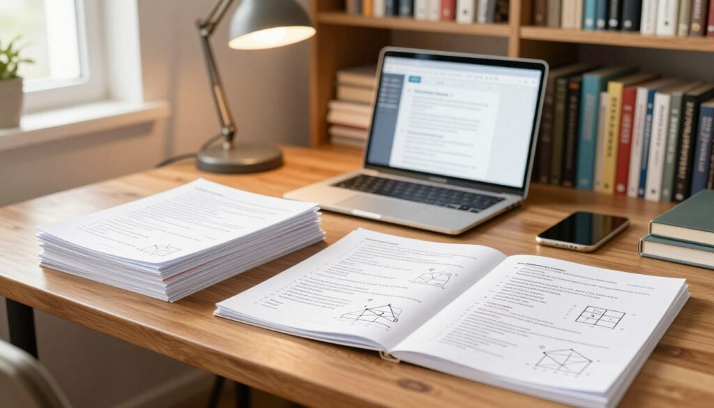 A well-organized study space featuring a neat stack of diagnostic full papers on a polished wooden desk. In the foreground, several open papers showcasing question formats and non-distracting diagrams with answers visible, emphasizing their educational purpose. The middle background includes a laptop with learning resources on the screen and a desk lamp casting warm light, enhancing the scholarly atmosphere. Behind the desk, a bookshelf filled with various educational texts and resources, giving depth to the scholarly environment. Natural light filters in through a nearby window, creating a calm and focused mood, inspiring productivity and learning. The image conveys a sense of serious study and academic growth.
