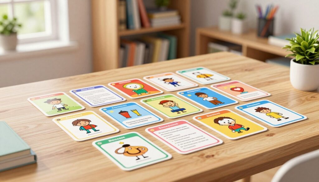 A well-organized study space featuring a variety of colorful flashcards laid out on a clean wooden desk. The flashcards are vividly illustrated, showing different subjects and concepts, emphasizing active recall techniques. In the background, a softly blurred bookshelf filled with textbooks and stationery reflects an academic atmosphere. Natural light streams in through a window, creating a warm and inviting ambiance, while a potted plant adds a touch of greenery to the scene. The image is captured from a slightly elevated angle, giving a clear view of the desk and the flashcards, focusing on the concept of effective studying methods. The overall mood is focused and motivational, perfect for a study environment.