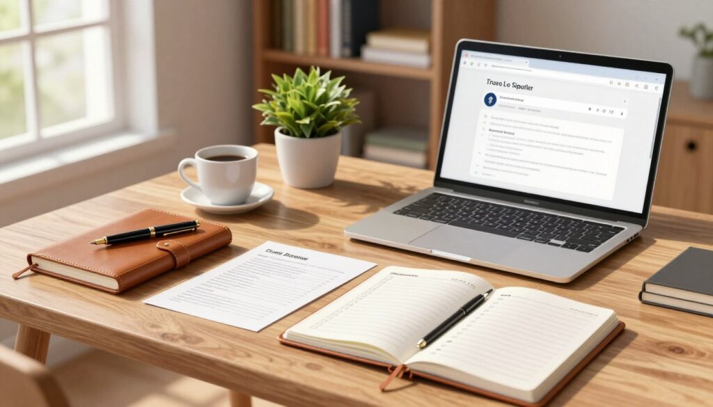A well-organized workspace featuring an elegant wooden desk scattered with neatly arranged scholarship details, including a leather-bound notebook, a stylish fountain pen, and a laptop displaying an email draft. In the foreground, an open planner with highlighted dates and checklists emphasizes organization. The middle ground features a potted plant and a coffee cup, adding warmth to the scene. The background showcases a softly lit bookshelf filled with academic books, symbolizing knowledge and growth. Natural light streams through a large window, casting gentle shadows, creating a calm and focused atmosphere. The overall mood conveys professionalism, clarity, and intention, inviting the viewer to consider the importance of effective communication in pursuing opportunities.