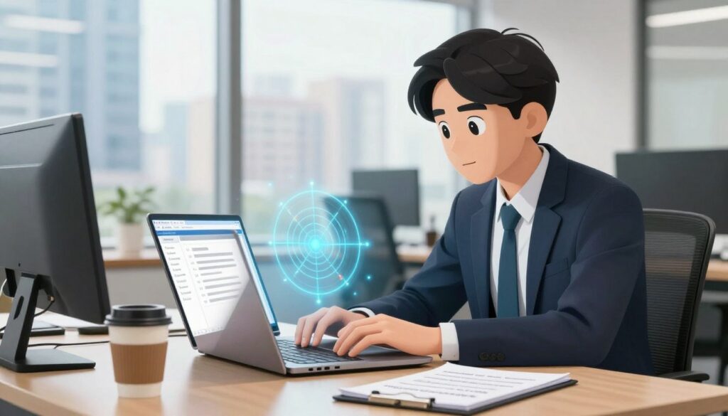 A young professional in smart business attire sits at a modern office desk, intently focused on a laptop displaying an open email draft. The foreground features a clear view of a coffee cup and notepad with strategic notes about job updates. In the middle, the laptop screen glows softly with a visual concept of a radar graphic symbolizing job market awareness. Behind, an office window reveals a cityscape, suggesting a vibrant work environment. Bright, natural light pours in, creating an uplifting atmosphere. The mood is professional yet encouraging, emphasizing diligence and proactive communication for interns and new grads navigating their careers. The angle is eye-level, capturing a relatable and inspiring moment of ambition.