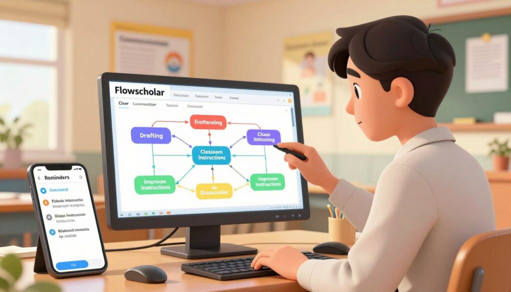An engaging classroom scene showcasing a teacher using Flowscholar on a computer while preparing instructions. In the foreground, the teacher, dressed in smart casual attire, is deeply focused on the screen. To the left, a smartphone displays reminders and tips for effective instruction. In the middle, a digital interface of Flowscholar is visible, illustrating a colorful flowchart with visual elements representing drafting, differentiating, and improving classroom instructions. The background features a bright, cheerful classroom with posters on the wall about clear communication and education. Warm lighting enhances the atmosphere, creating a sense of inspiration and productivity. The angle captures the teacher’s engagement with the technology, emphasizing the importance of structured guidance in education. An engaging classroom scene showcasing a teacher using Flowscholar on a computer while preparing instructions. In the foreground, the teacher, dressed in smart casual attire, is deeply focused on the screen. To the left, a smartphone displays reminders and tips for effective instruction. In the middle, a digital interface of Flowscholar is visible, illustrating a colorful flowchart with visual elements representing drafting, differentiating, and improving classroom instructions. The background features a bright, cheerful classroom with posters on the wall about clear communication and education. Warm lighting enhances the atmosphere, creating a sense of inspiration and productivity. The angle captures the teacher’s engagement with the technology, emphasizing the importance of structured guidance in education.