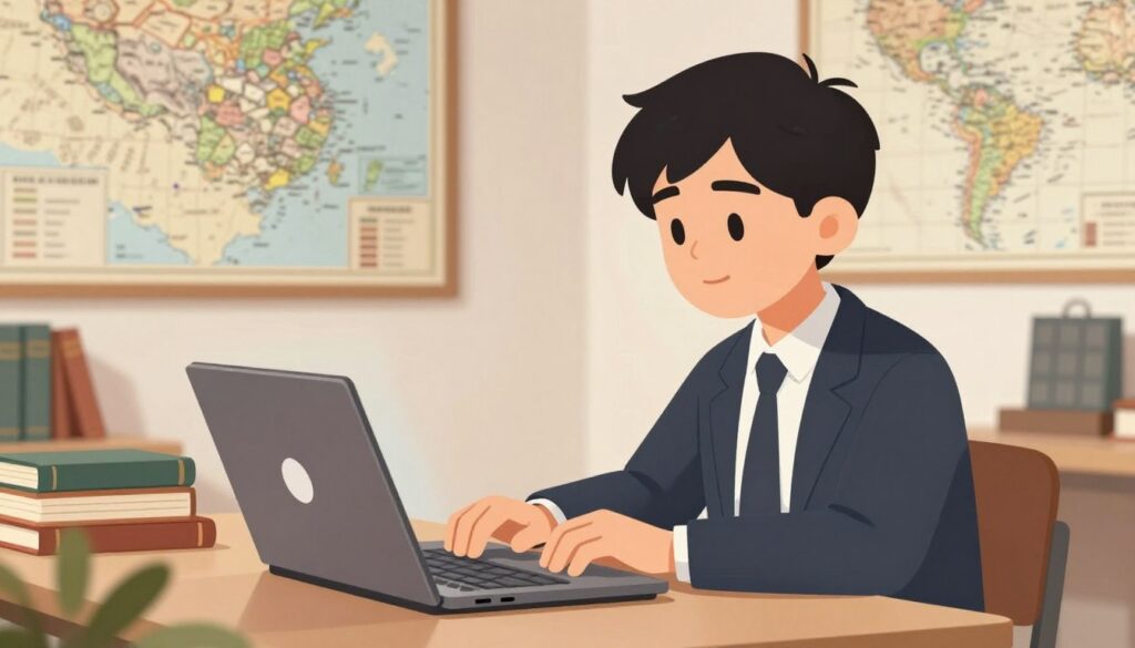 An image of a student using a digital tool on a laptop to study history