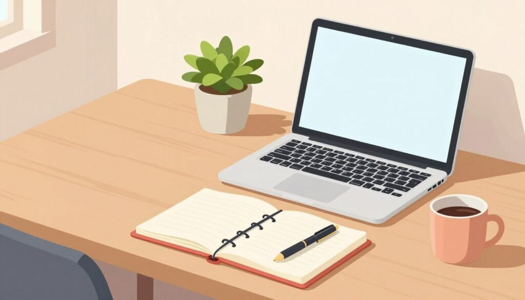 An image of a writer's desk with a laptop, notebook, and pen, symbolizing the start of the writing process. An image of a writer's desk with a laptop, notebook, and pen, symbolizing the start of the writing process.