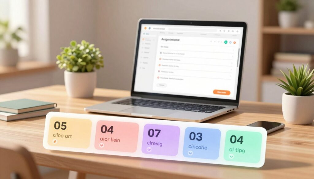 An inviting and modern digital dashboard interface showcasing an assignment tracking feature. In the foreground, there are colorful cards representing various assignments, each showing due dates and subjects, with visual indicators for urgency. The middle ground features a simplified user interface on a sleek laptop screen, ideally set in a stylish home office. The background includes soft-focus elements like potted plants and bookshelves, enhancing the study environment. The lighting is warm and natural, suggesting a late afternoon glow, creating a calm and productive atmosphere. The overall mood is organized and focused, reflecting the ease of tracking assignments without stress or nagging. No people are present, ensuring a clean and professional look.