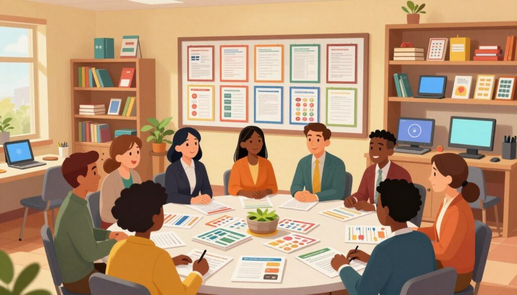 An overview of an education resource hub, featuring a well-organized, inviting space filled with colorful educational materials and interactive displays. In the foreground, a diverse group of teachers, dressed in professional business attire, are engaged in discussion around a central table covered with pamphlets and resource guides. In the middle, a large wall display showcases various communication templates, neatly arranged in frames. The background features shelves filled with books, educational tools, and technology like tablets and computers, bathed in warm lighting that creates a welcoming atmosphere. The scene is captured from a slightly elevated angle to provide depth and perspective, evoking a collaborative and resourceful mood, ideal for nurturing educational communication.