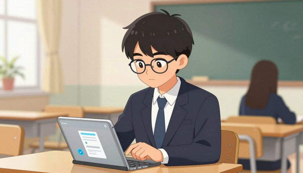 Generate an image of a high school student using a productivity app on their tablet