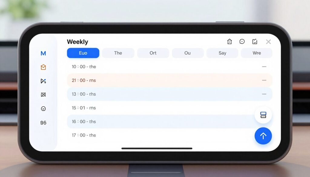 Generate an image of a modern dashboard displaying a weekly schedule with various tasks and time blocks.