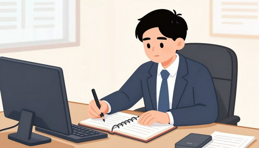 Generate an image of a person sitting at a desk with a planner, looking focused and productive. Generate an image of a person sitting at a desk with a planner, looking focused and productive.