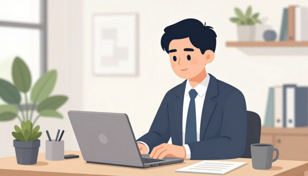 Generate an image of a person using FlowScholar on their laptop, with a productive workspace in the background. Generate an image of a person using FlowScholar on their laptop, with a productive workspace in the background.