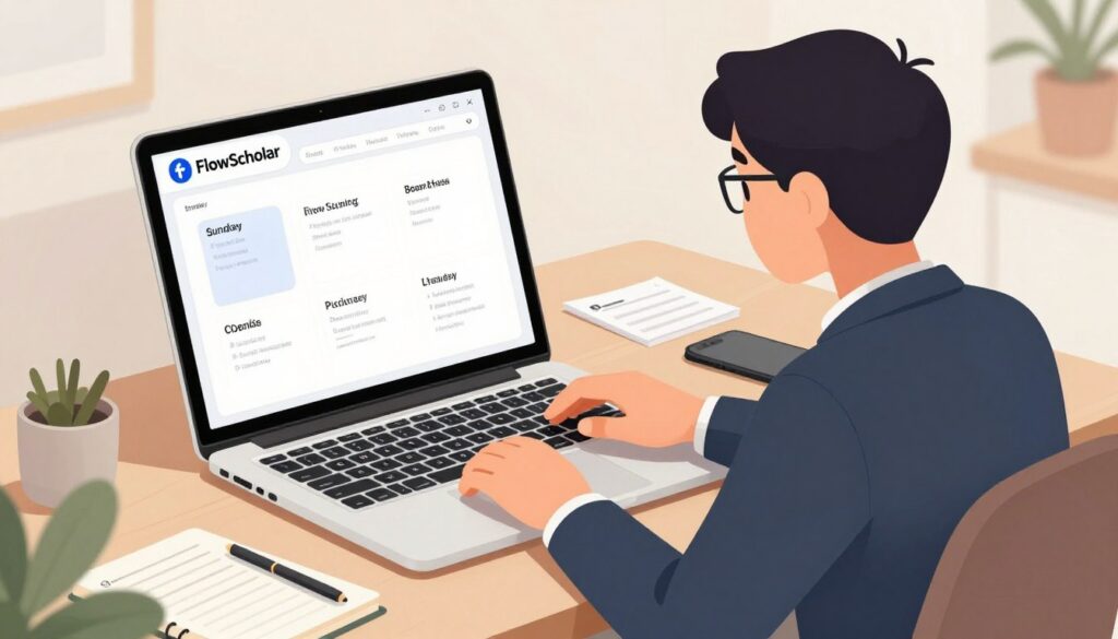 Generate an image of a person using the FlowScholar AI education tool on a Sunday to plan their week.
