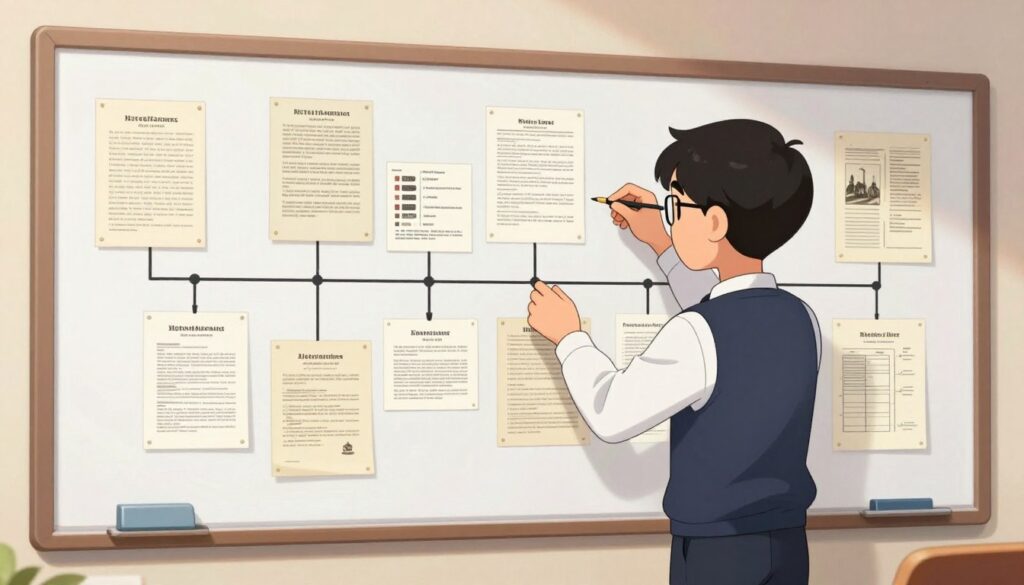 Generate an image of a student organizing historical events into a timeline.