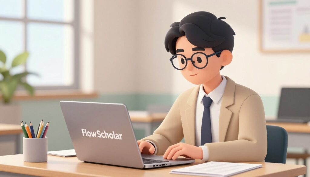 Generate an image of a student using FlowScholar on their laptop