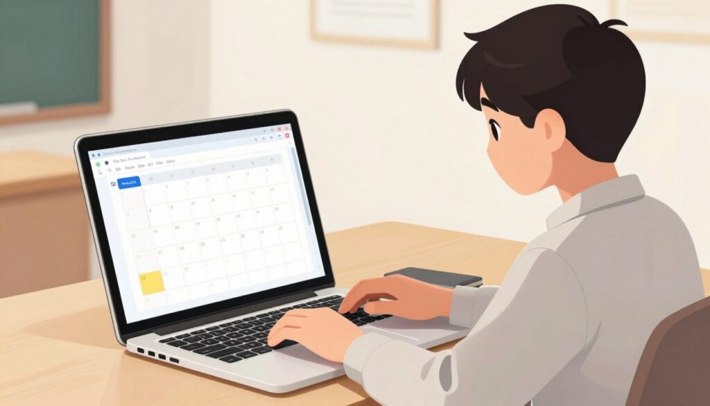 Generate an image of a student using a laptop with a calendar interface showing Focus Blocks. Generate an image of a student using a laptop with a calendar interface showing Focus Blocks.