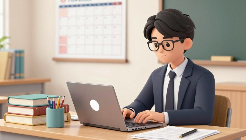 Generate an image of a student using a laptop with the FlowScholar app open, surrounded by books and notes, with a calendar in the background.