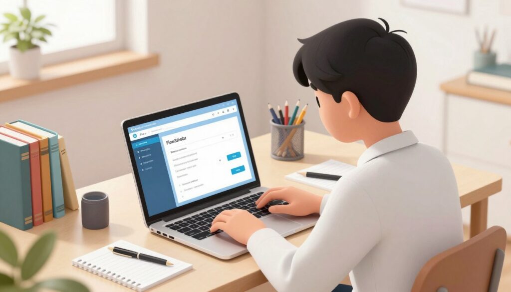 Generate an image of a student using a laptop with the FlowScholar interface on the screen, surrounded by books and notes. Generate an image of a student using a laptop with the FlowScholar interface on the screen, surrounded by books and notes.