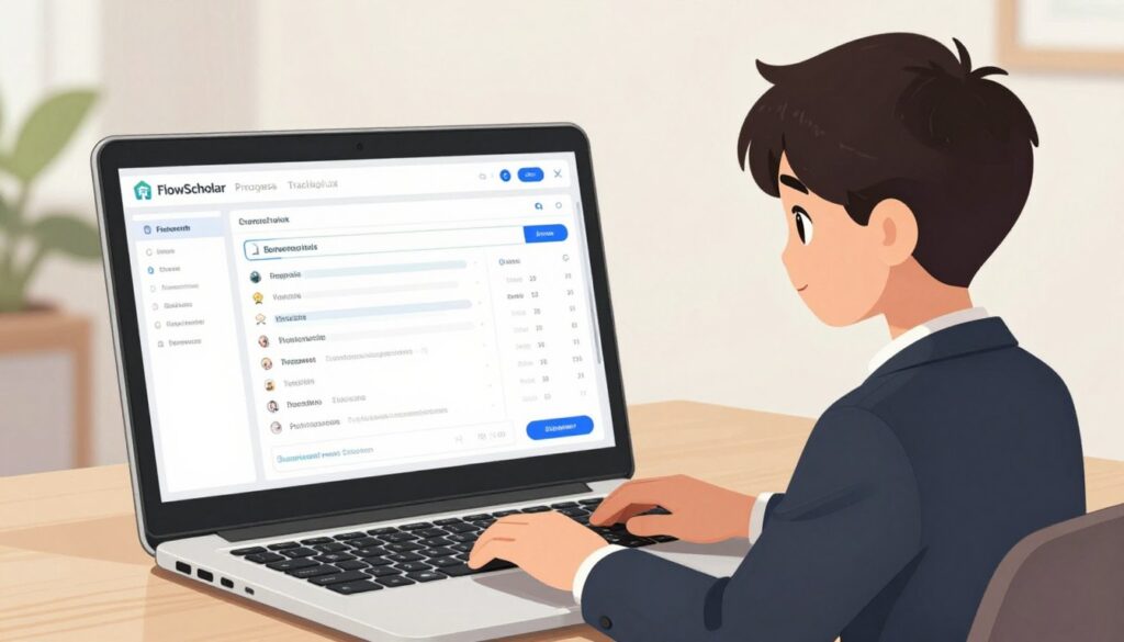 Generate an image of a teen using a laptop with FlowScholar's progress tracking dashboard on the screen.