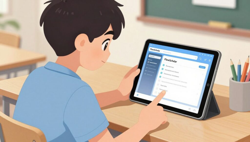 Generate an image of a teenager using a tablet with the FlowScholar platform on the screen. Generate an image of a teenager using a tablet with the FlowScholar platform on the screen.
