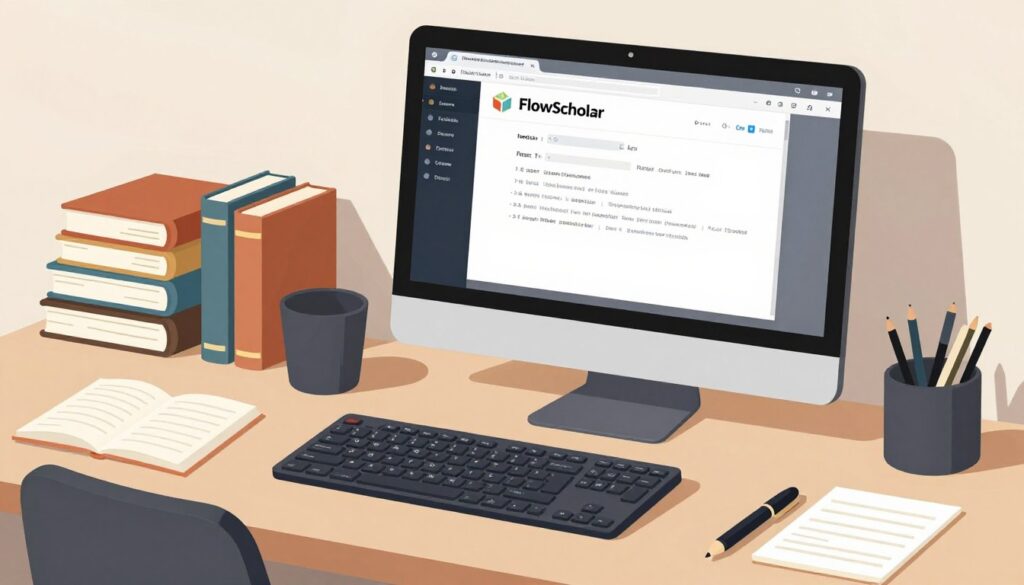 Generate an image of a writer's desktop with a computer screen displaying the FlowScholar interface, surrounded by books and notes.