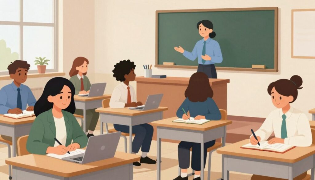 Generate an image representing effective note-taking in a classroom setting Generate an image representing effective note-taking in a classroom setting