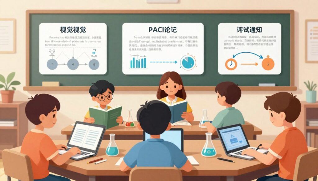 Generate an image representing the integration of reading, visualization, practice, and testing in science learning.