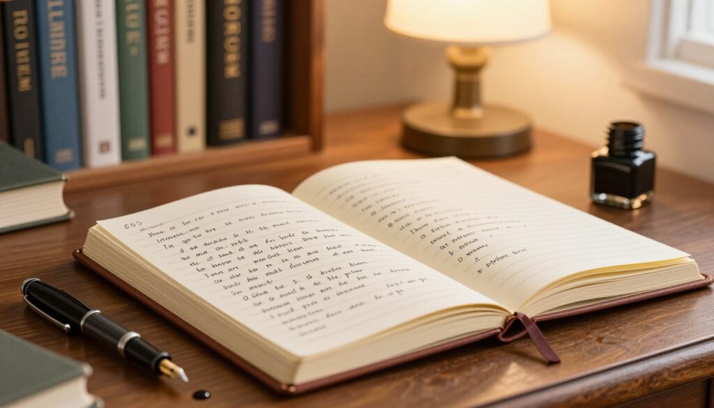 A beautifully crafted wooden journal lies open on an antique desk, revealing hand-written entries filled with thoughtful reflections and aspirations. In the foreground, a fountain pen rests beside the journal, with glistening ink drops nearby, creating a sense of creativity in action. The middle ground showcases a softly lit lamp casting a warm, inviting glow, enhancing the ambience of introspection. In the background, a bookshelf lined with biographies and motivational books hints at personal growth and learning. The scene is captured in warm, natural lighting, emphasizing a cozy, inspiring atmosphere, perfect for a young student's journey of self-discovery. The angle is slightly elevated, offering a clear view of the journal's pages, inviting the viewer to imagine the stories waiting to be told.