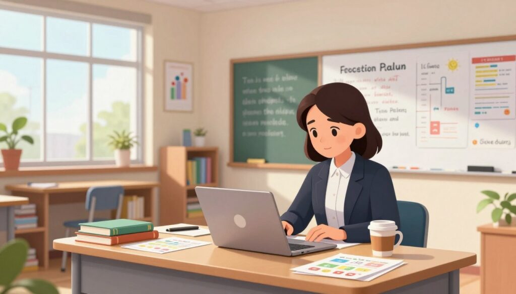 A bright, airy classroom filled with natural light pouring through large windows. In the foreground, an organized desk with a laptop open, surrounded by colorful lesson plans and educational tools. A teacher, dressed in professional business attire, is focused on planning, surrounded by educational materials like books, a whiteboard filled with notes, and a coffee cup. In the middle, a chalkboard displays inspiring quotes about education, while posters of educational milestones decorate the walls. In the background, shelves filled with teaching resources and plants add warmth to the scene. The mood is productive and inspiring, showcasing the importance of effective lesson planning in a supportive learning environment. Soft, diffused lighting highlights the teacher's concentration and enthusiasm for teaching. Sharpened focus on the desk elements enhances the atmosphere of productivity. A bright, airy classroom filled with natural light pouring through large windows. In the foreground, an organized desk with a laptop open, surrounded by colorful lesson plans and educational tools. A teacher, dressed in professional business attire, is focused on planning, surrounded by educational materials like books, a whiteboard filled with notes, and a coffee cup. In the middle, a chalkboard displays inspiring quotes about education, while posters of educational milestones decorate the walls. In the background, shelves filled with teaching resources and plants add warmth to the scene. The mood is productive and inspiring, showcasing the importance of effective lesson planning in a supportive learning environment. Soft, diffused lighting highlights the teacher's concentration and enthusiasm for teaching. Sharpened focus on the desk elements enhances the atmosphere of productivity.