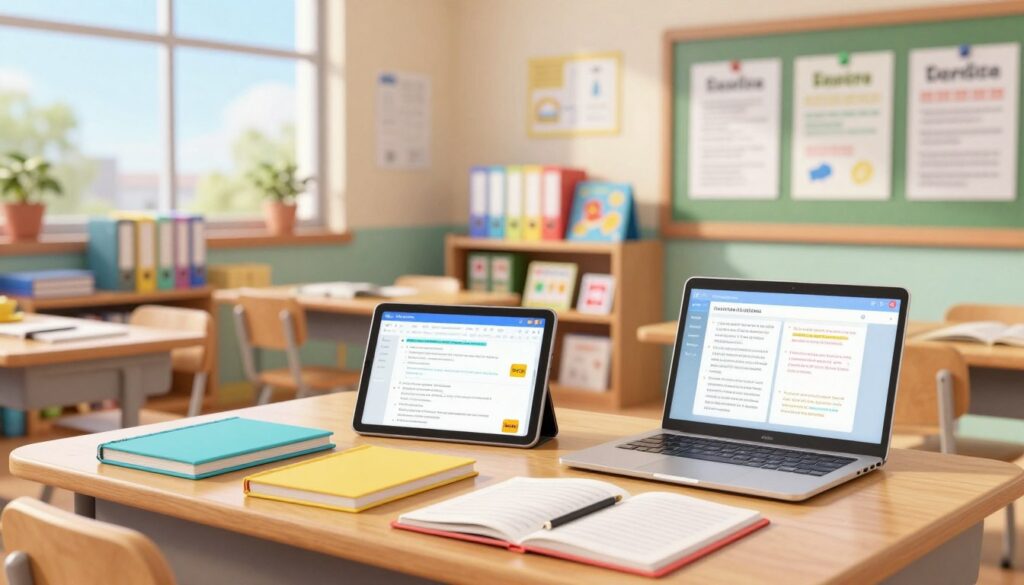 A bright and organized classroom setting filled with an array of digital learning materials. In the foreground, a wooden desk cluttered with colorful notebooks, a tablet displaying a lesson plan, and a laptop opened to educational resources. The middle ground features shelves filled with neatly arranged binders, flashcards, and educational games, while a bulletin board displays printed lesson templates. In the background, large windows allow natural light to pour in, illuminating the space, creating a warm and inviting atmosphere. The mood conveys a sense of productivity and creativity, ideal for teachers looking to enhance their lesson planning. The scene is captured with a soft-focus lens to emphasize the vibrant colors and textures of the materials while maintaining a professional and tidy classroom aesthetic. A bright and organized classroom setting filled with an array of digital learning materials. In the foreground, a wooden desk cluttered with colorful notebooks, a tablet displaying a lesson plan, and a laptop opened to educational resources. The middle ground features shelves filled with neatly arranged binders, flashcards, and educational games, while a bulletin board displays printed lesson templates. In the background, large windows allow natural light to pour in, illuminating the space, creating a warm and inviting atmosphere. The mood conveys a sense of productivity and creativity, ideal for teachers looking to enhance their lesson planning. The scene is captured with a soft-focus lens to emphasize the vibrant colors and textures of the materials while maintaining a professional and tidy classroom aesthetic.