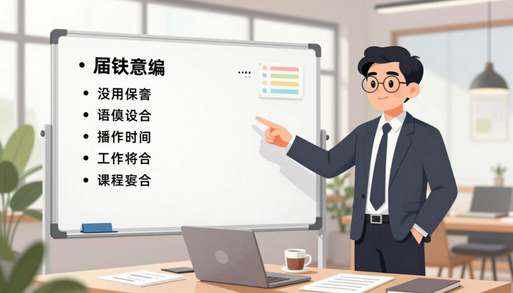 A bright and organized workspace showcasing a large, clear presentation outline on a whiteboard, prominently featuring bullet points and key phrases in bold. In the foreground, a focused business professional in smart attire, perhaps a tailored suit, stands next to the board, pointing to the outline with a confident expression. The middle ground includes an open laptop with notes and a cup of coffee, conveying an atmosphere of preparation and clarity. The background features large windows with natural light flooding the room, alongside a few potted plants, creating an inspiring, calm environment. Use soft diffused lighting to emphasize the clarity of the presentation outline and the professionalism of the workspace, capturing a mood of motivation and readiness for effective communication.