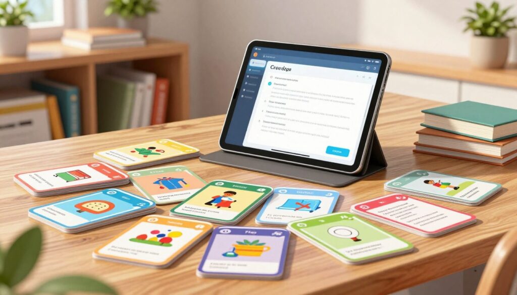 A bright, inviting study space centered around a vibrant stack of flashcards spread across a wooden desk. In the foreground, the flashcards display colorful illustrations and engaging questions related to academic subjects, showcasing a variety of colors and layouts. In the middle, a sleek, modern tablet is opened to an AI application, with a faint glow illuminating the screen, suggesting advanced technology assisting in studying. The background features a well-organized bookshelf filled with textbooks and plants, adding warmth to the scene. Natural light streams through a window, casting soft shadows that enhance the atmosphere of focus and productivity. The composition evokes a sense of motivation and active learning, perfect for students preparing for tests. A bright, inviting study space centered around a vibrant stack of flashcards spread across a wooden desk. In the foreground, the flashcards display colorful illustrations and engaging questions related to academic subjects, showcasing a variety of colors and layouts. In the middle, a sleek, modern tablet is opened to an AI application, with a faint glow illuminating the screen, suggesting advanced technology assisting in studying. The background features a well-organized bookshelf filled with textbooks and plants, adding warmth to the scene. Natural light streams through a window, casting soft shadows that enhance the atmosphere of focus and productivity. The composition evokes a sense of motivation and active learning, perfect for students preparing for tests.
