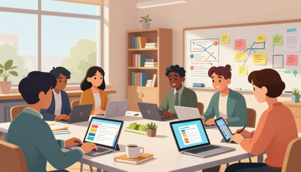 A bright, organized classroom setting filled with modern technology and educational materials. In the foreground, a diverse group of educators, dressed in professional attire, are engaged in collaborative lesson planning around a large table. They are examining digital tablets and laptops displaying colorful lesson templates. In the middle ground, whiteboards are filled with colorful diagrams and sticky notes outlining lesson objectives. The background features shelves filled with books, resources, and a large window allowing natural sunlight to stream in, creating an inviting atmosphere. Soft, warm lighting enhances a sense of teamwork and innovation, capturing the spirit of modern education and the integration of AI tools for efficient lesson planning. The overall mood is focused and inspiring, reflecting a future-oriented approach to teaching. A bright, organized classroom setting filled with modern technology and educational materials. In the foreground, a diverse group of educators, dressed in professional attire, are engaged in collaborative lesson planning around a large table. They are examining digital tablets and laptops displaying colorful lesson templates. In the middle ground, whiteboards are filled with colorful diagrams and sticky notes outlining lesson objectives. The background features shelves filled with books, resources, and a large window allowing natural sunlight to stream in, creating an inviting atmosphere. Soft, warm lighting enhances a sense of teamwork and innovation, capturing the spirit of modern education and the integration of AI tools for efficient lesson planning. The overall mood is focused and inspiring, reflecting a future-oriented approach to teaching.