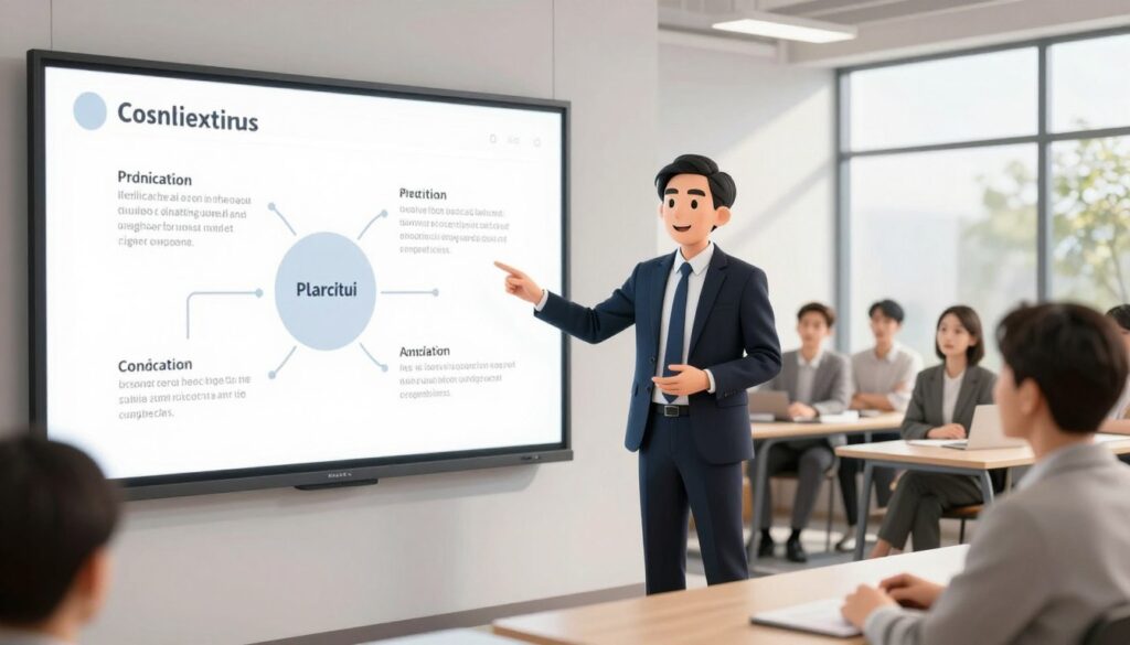A clean, modern workspace featuring simplified presentation slides on a large screen. The foreground shows a beautifully designed slide deck with minimal text and a bold visual of a diagram, emphasizing clarity and focus. In the middle, a professional-looking speaker in smart business attire stands confidently next to the screen, gesturing towards the slides, embodying a relaxed yet engaged demeanor. The background is filled with a softly blurred audience, suggesting they are attentive and intrigued. Natural light streams through large windows, creating a welcoming and inspiring atmosphere. The angle is slightly tilted upwards, capturing both the speaker and the audience's reactions, enhancing the mood of effective communication and simplicity in presentations.
