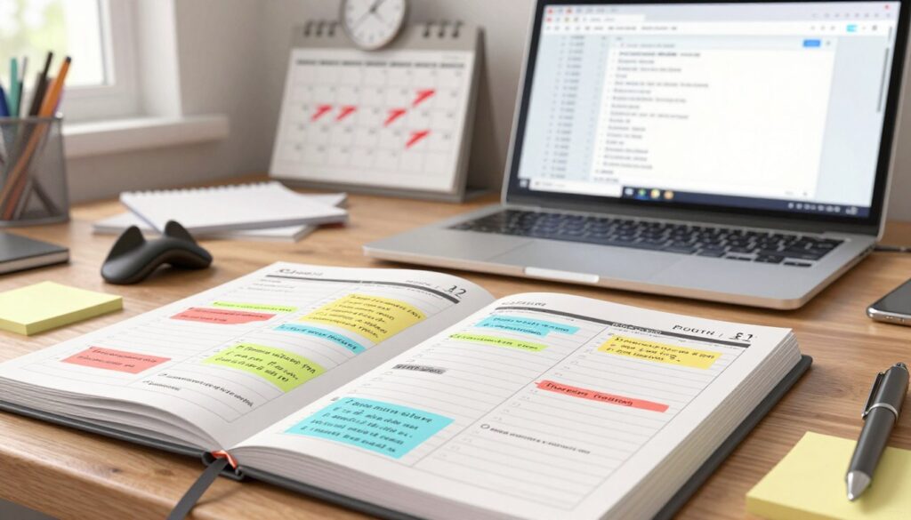 A close-up view of a cluttered desk with a large weekly planner open, displaying a chaotic schedule filled with overlapping tasks and appointments. In the foreground, scattered sticky notes and an ergonomic pen rest beside the planner, suggesting disorganization. The middle ground showcases a laptop with an unsorted email inbox on the screen, hinting at digital clutter. In the background, a calendar hangs with red marks on missed deadlines and a clock ticking ominously, adding a sense of urgency. Soft, natural light falls through a window, creating a calm but overwhelming atmosphere. The overall mood is stressed and chaotic, representing the consequences of not planning effectively.