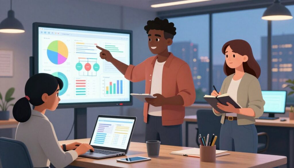 A contemporary workspace filled with soft, ambient lighting, featuring a diverse group of three young adults engaged in digital problem-solving. In the foreground, one person, a South Asian woman in business casual attire, is focused on a laptop, analyzing data. In the middle, a Black male student gestures towards a large digital display showing colorful graphs and flowcharts, while a Caucasian female in professional attire takes notes, showcasing collaborative conflict de-escalation. The background includes a glass window with a cityscape at dusk, symbolizing a dynamic environment. The atmosphere is cooperative and energetic, with a sense of determination and clarity, highlighting the importance of digital problem-solving skills amidst online challenges.