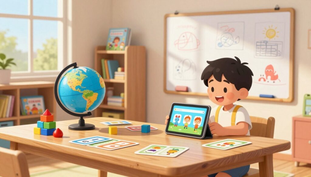 A cozy and bright homeschooling environment filled with various learning tools. In the foreground, a wooden table is scattered with colorful educational materials: flashcards, counting blocks, and a globe. A cheerful child, dressed in casual, comfortable clothing, is focused on a tablet displaying interactive educational software. In the middle ground, a whiteboard covered with drawings and notes enhances the atmosphere of creativity and learning. The background features a bookshelf filled with children's books and educational games, and a large window allows warm sunlight to pour in, casting soft shadows. The scene should evoke a sense of joy, curiosity, and an engaging learning experience, with natural, daylight lighting to highlight the inviting space. A cozy and bright homeschooling environment filled with various learning tools. In the foreground, a wooden table is scattered with colorful educational materials: flashcards, counting blocks, and a globe. A cheerful child, dressed in casual, comfortable clothing, is focused on a tablet displaying interactive educational software. In the middle ground, a whiteboard covered with drawings and notes enhances the atmosphere of creativity and learning. The background features a bookshelf filled with children's books and educational games, and a large window allows warm sunlight to pour in, casting soft shadows. The scene should evoke a sense of joy, curiosity, and an engaging learning experience, with natural, daylight lighting to highlight the inviting space.