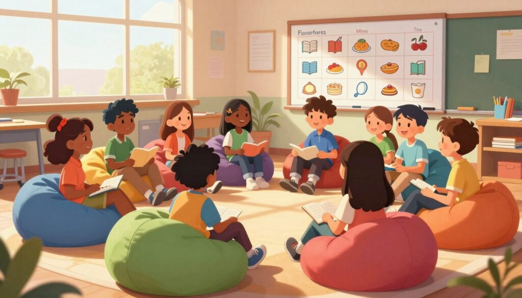 A cozy classroom setting filled with diverse middle school and high school students engaged in a lively discussion about their favorite things. In the foreground, a circle of students of various ethnicities sits on colorful bean bags, animatedly sharing stories, and smiling. In the middle background, a whiteboard displays a chart with illustrated icons representing different favorites like books, food, and hobbies. Natural sunlight filters through large windows, casting a warm glow, enhancing the inviting atmosphere. Soft shadows create depth, while a slight tilt from a low angle emphasizes the engagement and excitement of the students. The overall mood is friendly and inclusive, fostering a sense of camaraderie and openness.