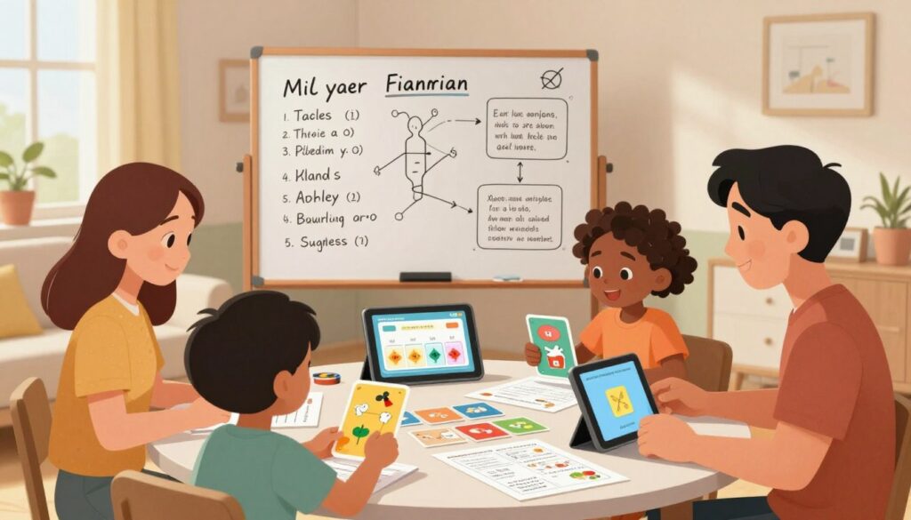A cozy family environment showcasing various micro-lesson formats on a table. In the foreground, a diverse family of four—parents and two children—illustrates engaging with colorful flashcards, interactive worksheets, and digital tablets. In the middle ground, display a large whiteboard filled with handwritten notes and diagrams representing different lesson themes. The background features a warm and inviting living room, with soft, natural lighting pouring in from a nearby window, emphasizing a relaxed atmosphere. Use a wide-angle lens to capture the entire setting, highlighting the connection between family members as they learn together. The mood should feel supportive, educational, and encouraging, reflecting the essence of daily micro-lessons as integral family bonding activities.