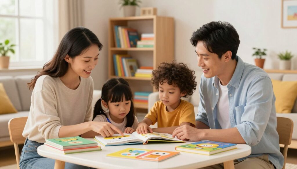 A cozy family living room scene, capturing the essence of "The Daily Micro-Lesson Strategy for Busy Families." In the foreground, a diverse family of four—parents and two children—are engaged in a short, interactive learning session around a small table scattered with colorful books and educational materials. The mother, dressed in modest casual attire, is pointing at a bright picture book, while the father, in a neatly buttoned shirt, is helping the younger child with playful enthusiasm. The older child, focused and curious, is jotting down notes. In the middle ground, shelves filled with neatly organized educational supplies create an inviting learning atmosphere. In the background, soft, natural light filters through a window, casting a warm glow over the space, conveying a sense of harmony and productivity. The overall mood is one of joy, creativity, and familial connection.