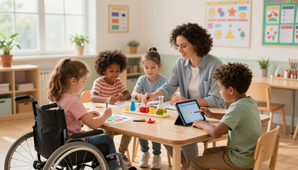 A cozy homeschooling environment designed for accessibility, featuring a diverse group of children engaged in learning activities. In the foreground, a young girl in a wheelchair is painting with colorful watercolors, while a boy uses assistive technology on a tablet. In the middle ground, a mother sits with her children at a table, guiding them through a science experiment with accessible materials. The background showcases a bright, welcoming classroom with colorful charts and educational posters on the walls. Soft natural light streams in through large windows, creating a warm and inviting atmosphere. The mood is one of collaboration, support, and joy, emphasizing inclusivity and adaptation in learning environments. The angle is a wide shot that captures the entire scene in detail, highlighting the blend of technology and hands-on activities. A cozy homeschooling environment designed for accessibility, featuring a diverse group of children engaged in learning activities. In the foreground, a young girl in a wheelchair is painting with colorful watercolors, while a boy uses assistive technology on a tablet. In the middle ground, a mother sits with her children at a table, guiding them through a science experiment with accessible materials. The background showcases a bright, welcoming classroom with colorful charts and educational posters on the walls. Soft natural light streams in through large windows, creating a warm and inviting atmosphere. The mood is one of collaboration, support, and joy, emphasizing inclusivity and adaptation in learning environments. The angle is a wide shot that captures the entire scene in detail, highlighting the blend of technology and hands-on activities.