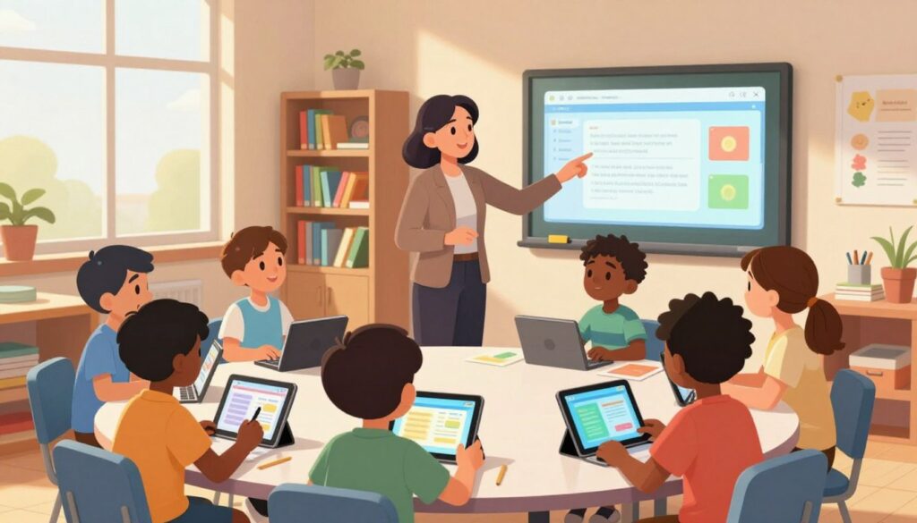 A cozy, modern classroom focused on enhancing reading comprehension through technology. In the foreground, a diverse group of engaged students, both boys and girls, representing various ethnicities, sit around a circular table, working collaboratively on reading materials. Each student is using a tablet, displaying colorful, interactive reading content. The middle ground features a teacher, a middle-aged woman in professional attire, guiding the students, pointing to a digital reading platform on a smart board. The background shows bookshelves filled with colorful books and educational posters on the walls. Soft, warm lighting creates an inviting atmosphere, with sunlight streaming through large windows, casting gentle shadows. The overall mood is focused and collaborative, emphasizing the blend of traditional reading and modern technology.