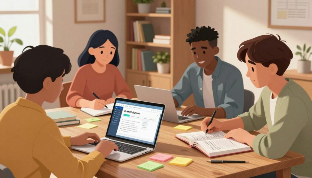 A cozy study session featuring a diverse group of four students gathered around a large wooden table. In the foreground, two students are intently discussing an open laptop displaying the FlowScholar.com interface, while a third student highlights notes in a textbook. A fourth student is writing on a notepad, surrounded by colorful sticky notes and study materials. In the middle background, a well-lit room filled with bookshelves and plants creates a warm, inviting atmosphere. Soft, natural light filters through a nearby window, casting gentle shadows. The students are dressed in smart casual attire, conveying a productive yet relaxed mood. The overall scene captures the essence of collaboration and focused study, emphasizing the importance of utilizing AI tools for effective exam preparation.