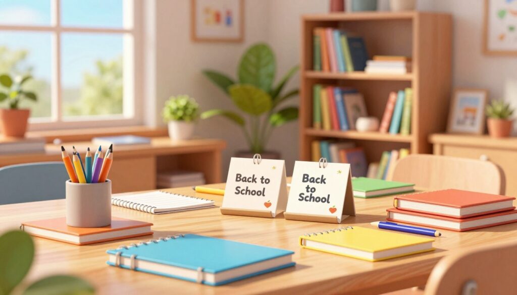A cozy study space filled with vibrant learning gifts inspired by the back-to-school season. In the foreground, a beautifully arranged table showcases colorful notebooks, pens, and motivational quote cards, reflecting warmth and excitement for learning. In the middle ground, an inviting bookshelf brimming with educational books and decorative plants adds a touch of inspiration. In the background, a large window lets in soft, natural light, illuminating the space and casting gentle shadows. The atmosphere is uplifting and serene, ideal for fostering creativity and intellectual curiosity. The image captures a harmonious blend of organization and creativity, perfect for igniting the joy of learning, without any human subjects.